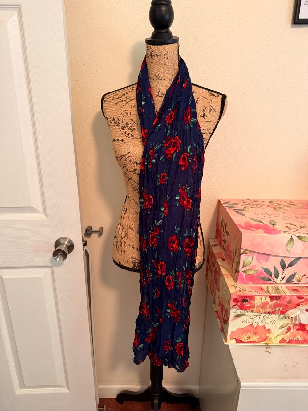 Navy Floral Lightweight Scarf with Red Roses